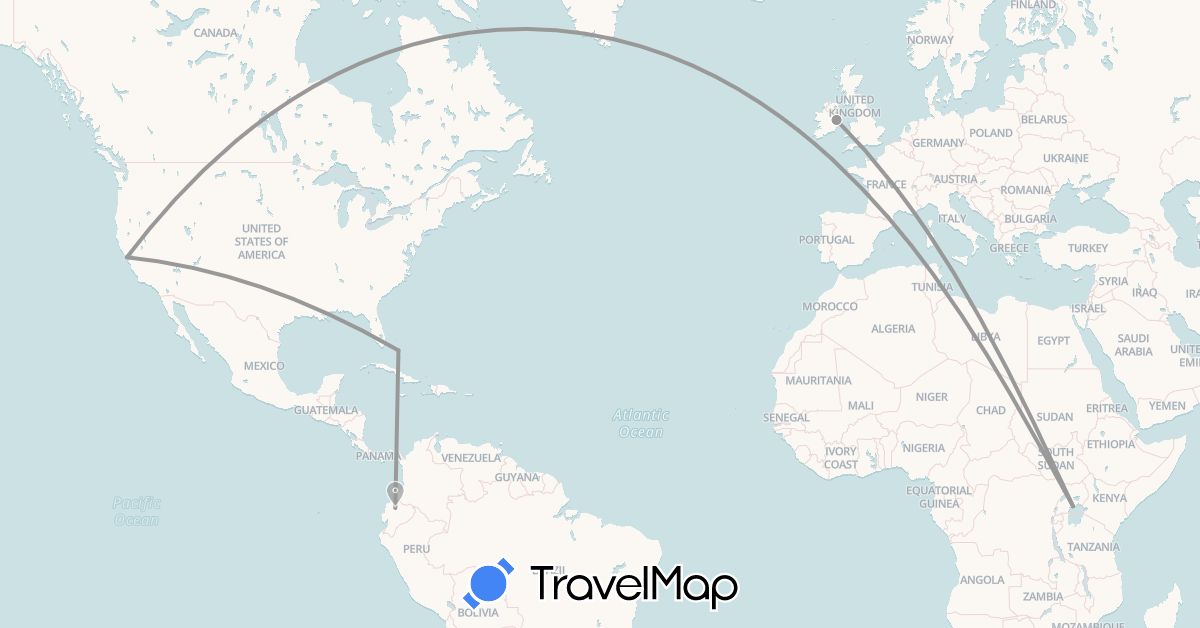 TravelMap itinerary: driving, plane in Bahamas, Ecuador, Ireland, Uganda, United States (Africa, Europe, North America, South America)